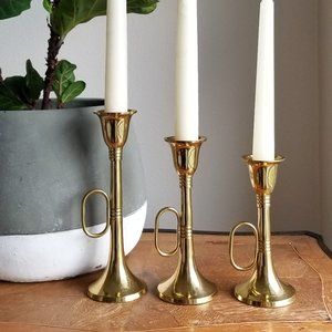 3 Brass Trumpet Holiday Candle Holders Candlesticks Lacquered Shiny New Vintage
